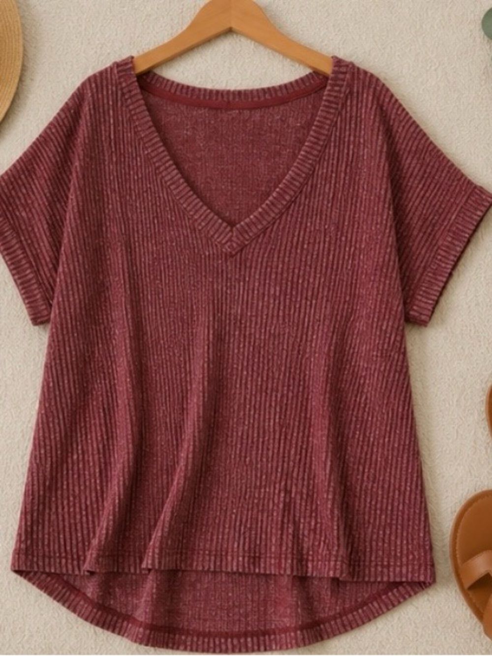 Perch by Blu Pepper 1X Ribbed V Neck Knit Top Mauve Rose Relaxed - Picture 3 of 7
